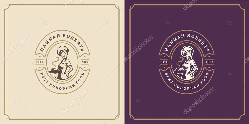 Restaurant label design vector illustration chef woman holding dish plate silhouette, good for restaurant menu and cafe badge. Vintage typography emblem with decoration and symbols.