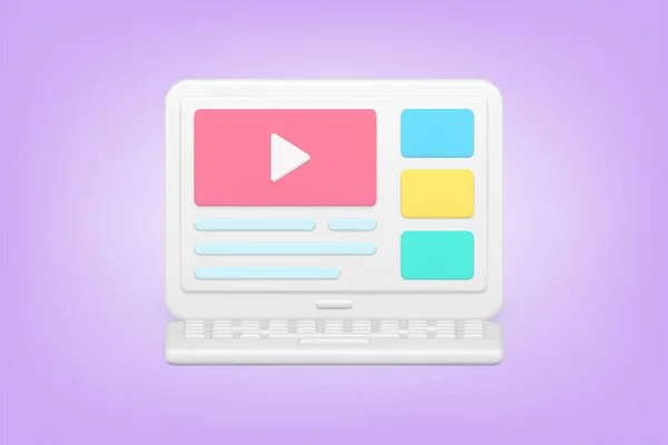 動画コンテンツ3Dアイコン付きウェブサイト。ブログの閲覧や作成のための現代のラップトップ — ストックベクタ