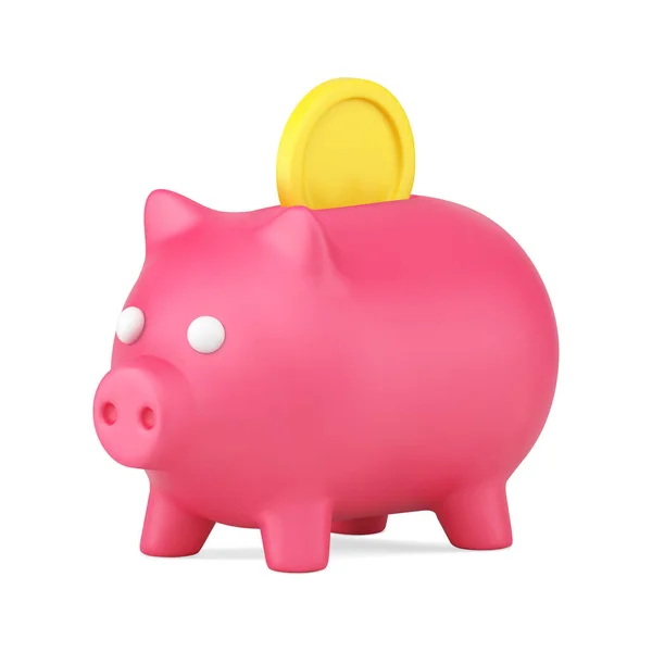 Pink piggy bank with gold coin 3d icon. Vault for cash and savings — Stock Vector