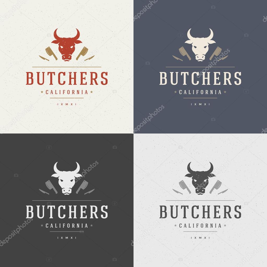 Butcher Shop Design Element in Vintage Style for Logotype, Label, Badge, T-shirts and other design. Cow face and knife retro vector illustration