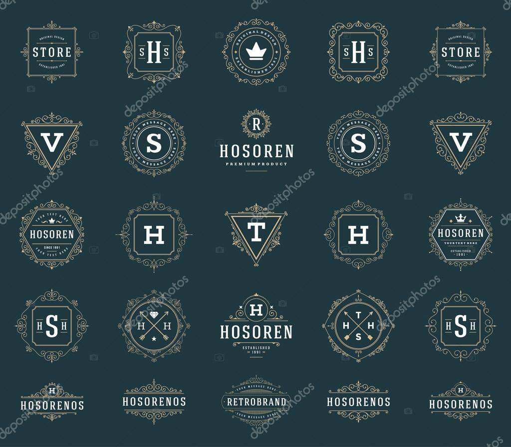 Set Luxury Logos template flourishes calligraphic elegant ornament lines. Business sign, identity for Restaurant, Royalty, Boutique, Hotel, Heraldic, Jewelry, Fashion and other vector illustration