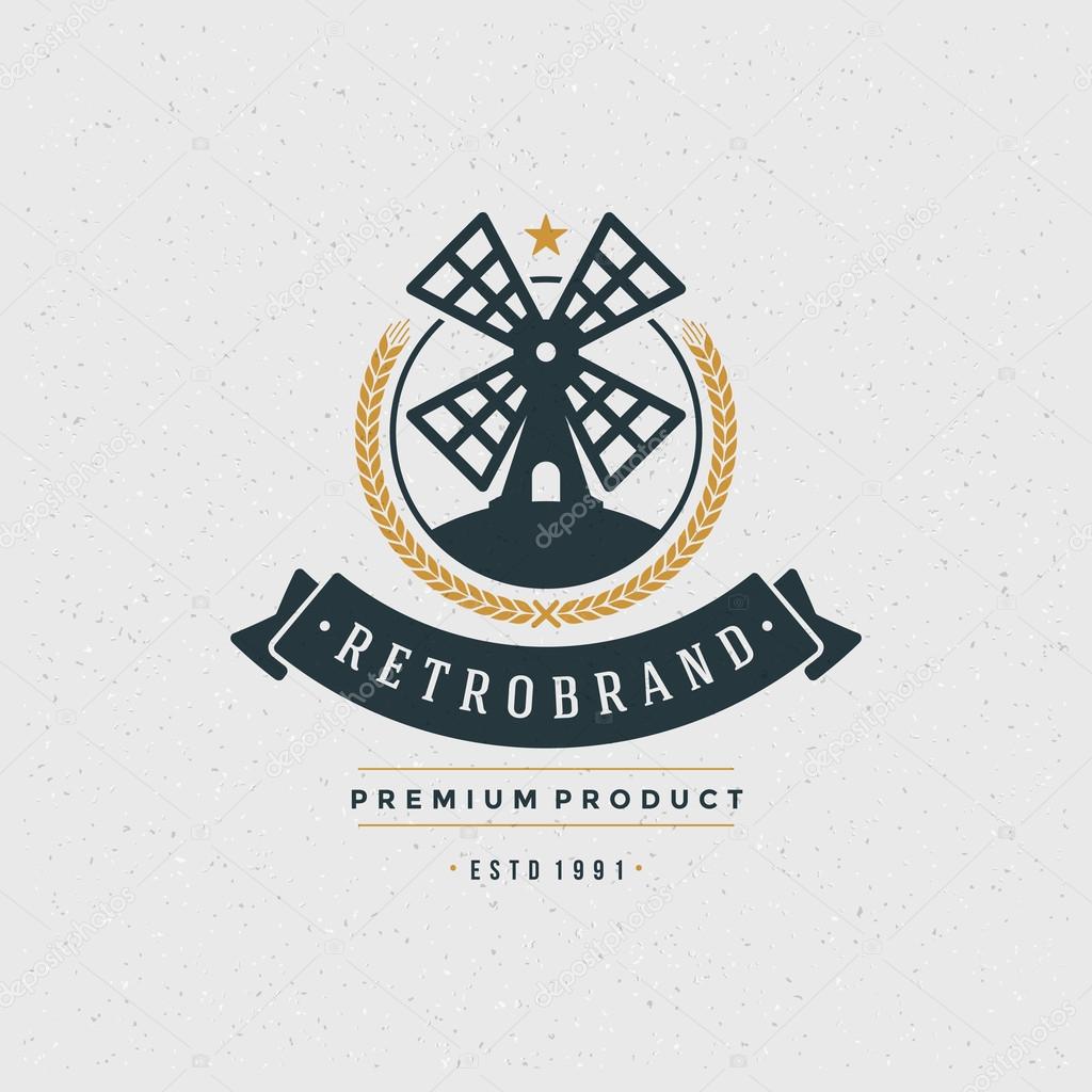 Mill Logo Design Element in Vintage Style for Logotype, Label, Badge and other design. Bakery Shop retro vector illustration