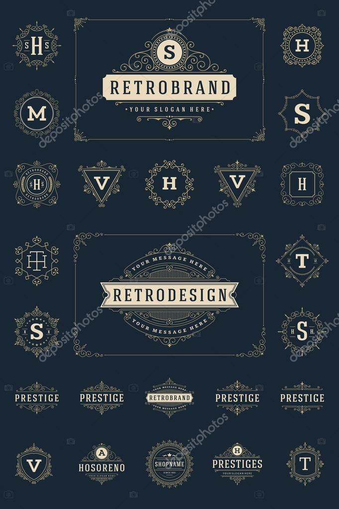 Set Luxury Logos template flourishes calligraphic elegant ornament lines. Business sign, identity for Restaurant, Royalty, Boutique, Hotel, Heraldic, Jewelry, Fashion and other vector illustration