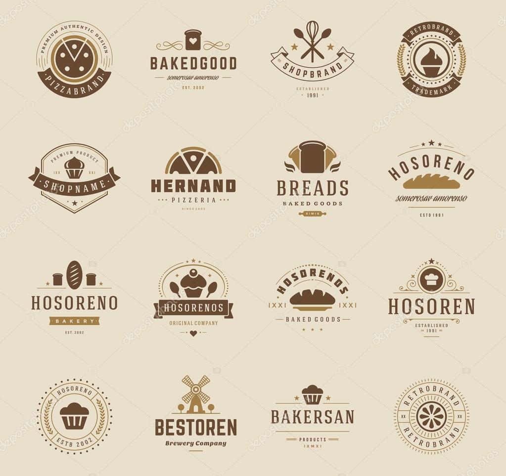 Bakery Shop Logos, Badges and Labels Design Elements set. Bread, cake, cafe vintage style objects retro vector illustration