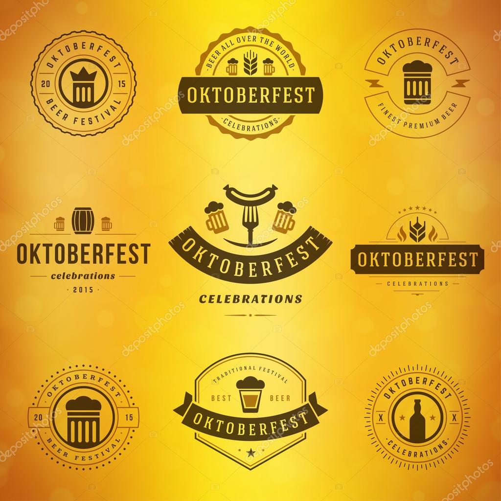 Beer festival Oktoberfest celebrations typography retro style labels, badges and logos set with beer mug on blurred background. Vector illustration