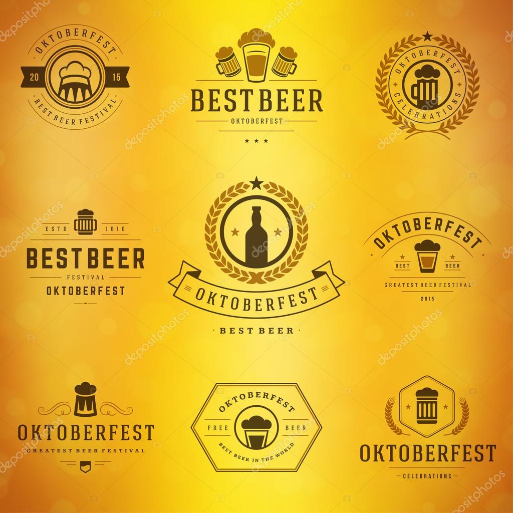 Beer festival Oktoberfest celebrations typography retro style labels, badges and logos set with beer mug on blurred background illustration