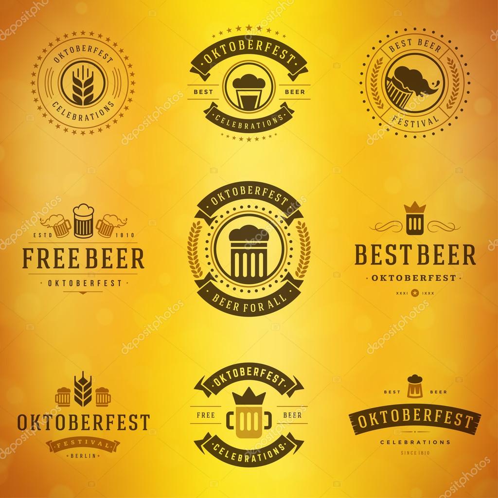 Beer festival Oktoberfest celebrations typography retro style labels, badges and logos set with beer mug on blurred background. Vector illustration