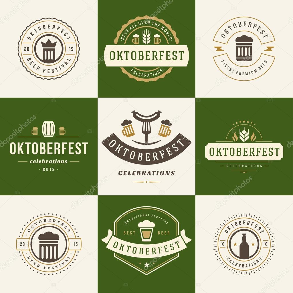 Retro style labels, badges and logos set Beer festival Oktoberfest celebrations text. Vector illustration