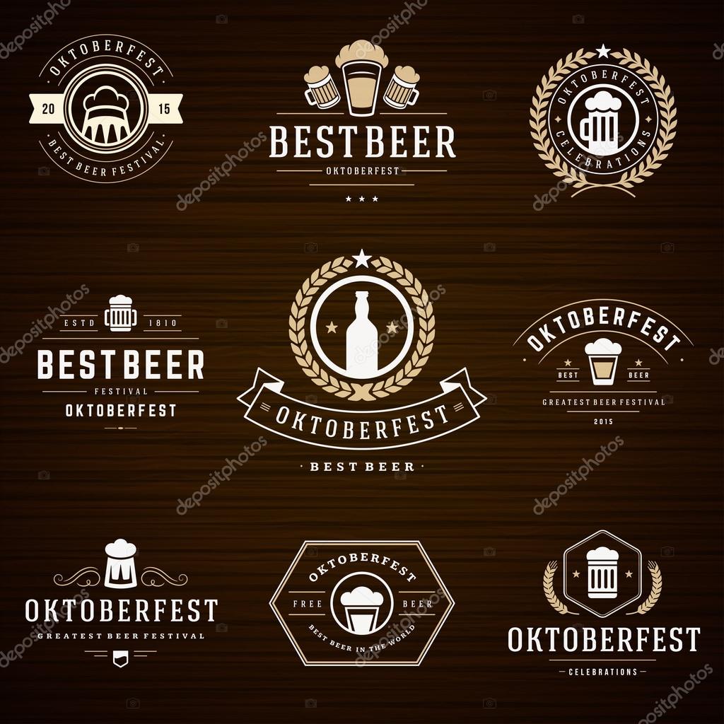 Beer festival Oktoberfest celebrations retro style labels, badges and logos set with beer mug on wooden background. Vector illustration