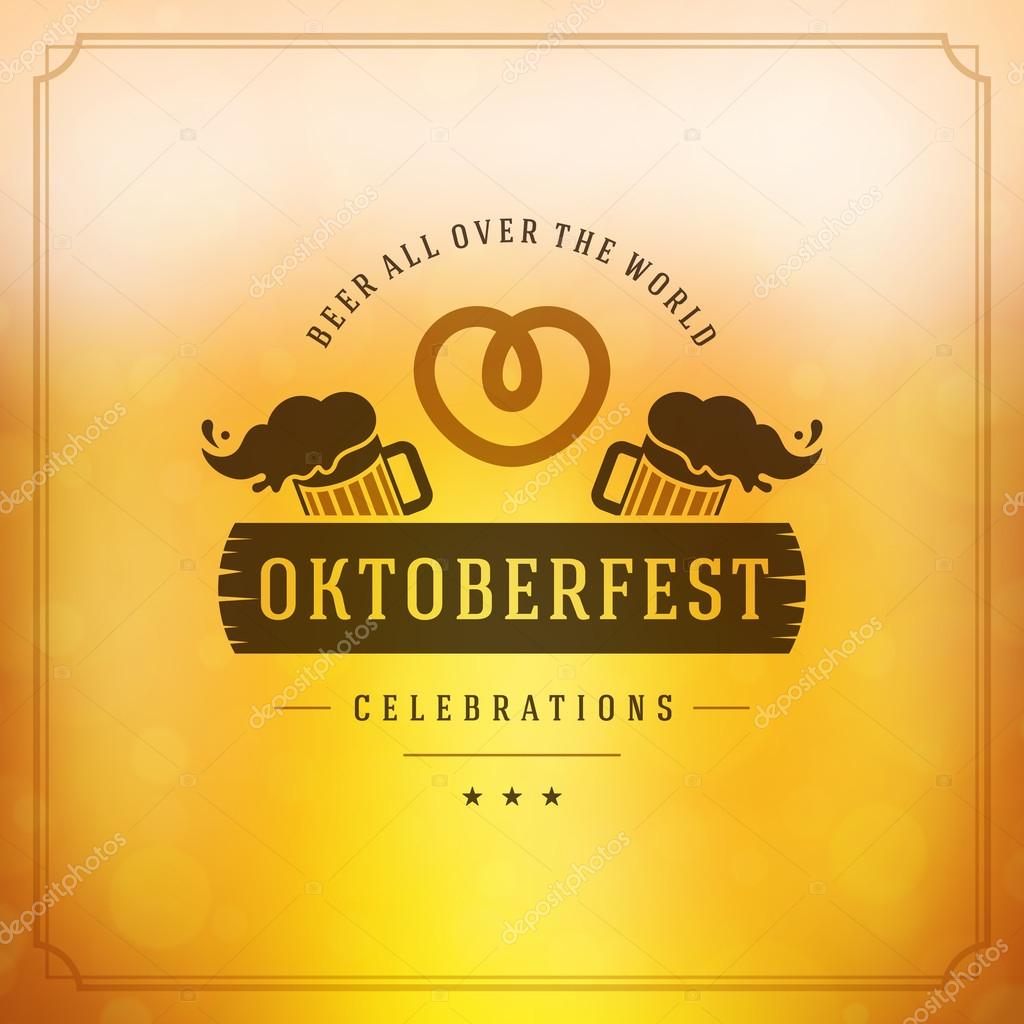 Oktoberfest vintage poster or greeting card and blurred background. Beer festival celebration. Vector illustration