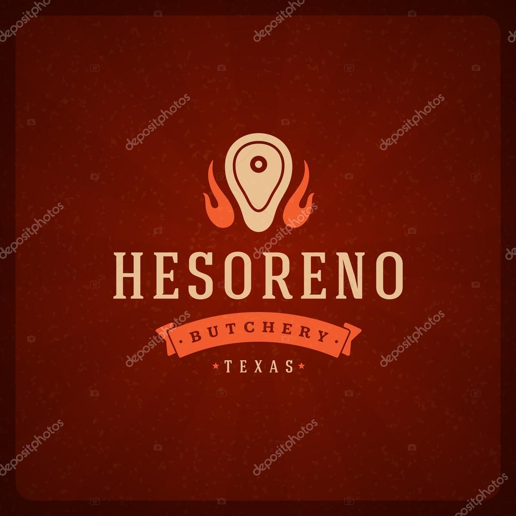 Butcher Shop Design Element in Vintage Style for Logotype, Label, Badge and other design. Meat and fire flame retro vector illustration