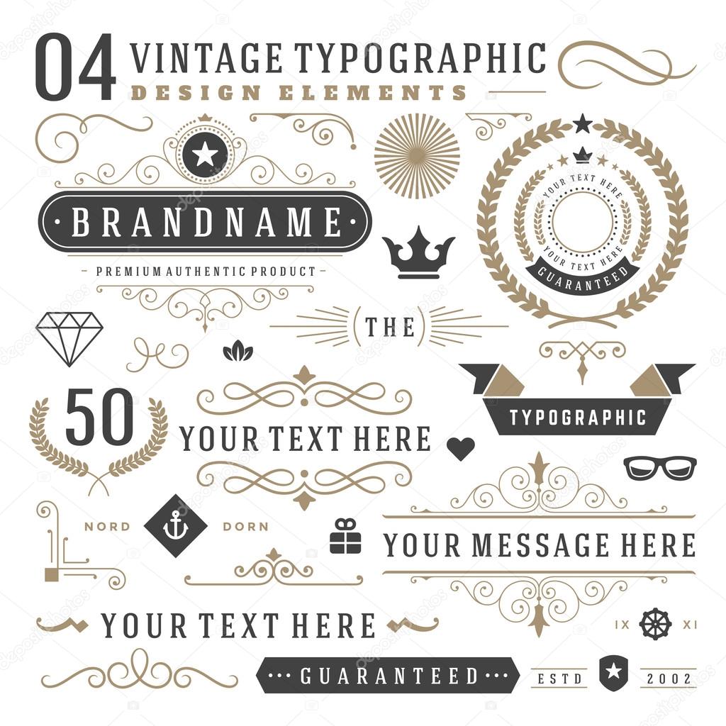 Retro vintage typographic design elements. Arrows, labels ribbons, logos symbols, crowns, calligraphy swirls ornaments and other