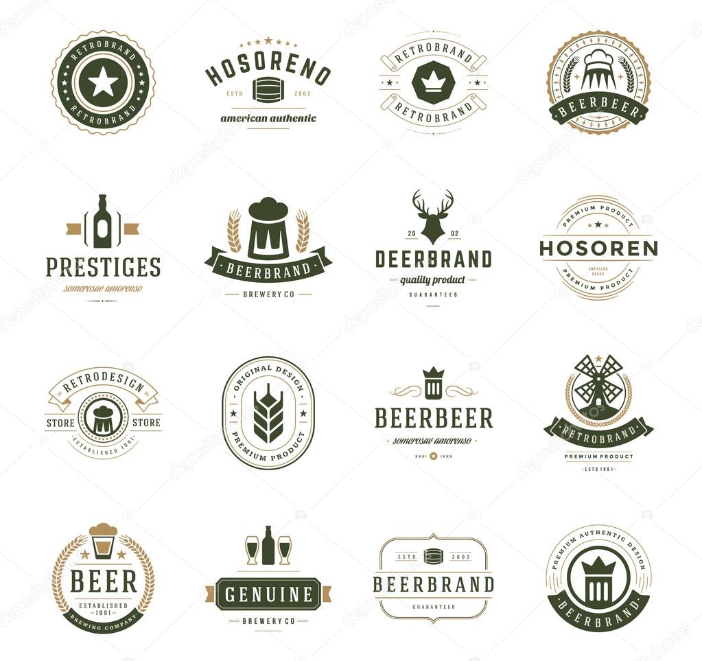 Set Beer Logos, Badges and Labels Vintage Style. Design elements retro vector illustration