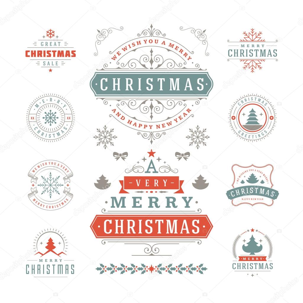Christmas Labels and Badges Vector Design. Decorations elements, Symbols, Icons, Frames, Ornaments and Ribbons, set. Typographic Merry Christmas and Happy Holidays wishes