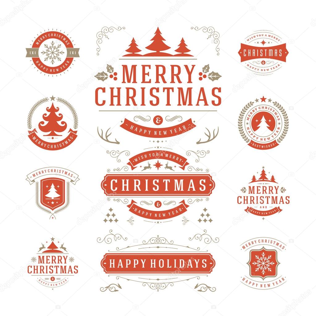 Christmas Labels and Badges Vector Design. Decorations elements, Symbols, Icons, Frames, Ornaments and Ribbons, set. Typographic Merry Christmas and Happy Holidays wishes