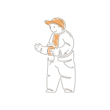 Minimalist line art illustration of a smiling man wearing a cap and holding a coffee cup. Features thin lines with orange accents creating a cozy, relaxed cafe atmosphere of enjoyment