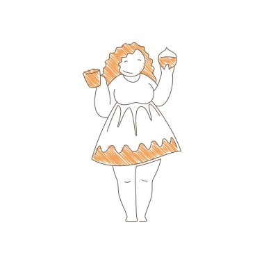 Woman in a dress holding a coffee cup and pastry. Gentle smile and decorative dress convey joyful cafe moment, sweet treat enjoyment and elegant leisure. Line art vector illustration