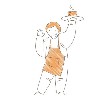 Waiter holding a tray with steaming coffee cup. Dynamic raised arm pose and smiling expression convey energetic service, cafe enthusiasm and elevated hospitality moment. Line art vector illustration
