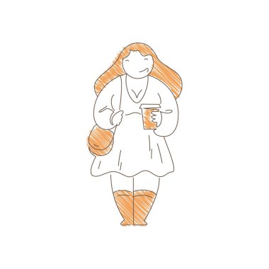 Woman holding takeaway coffee and handbag while walking. Cheerful expression and dynamic stride convey urban energy, modern lifestyle and casual coffee run moment. Line art vector illustration