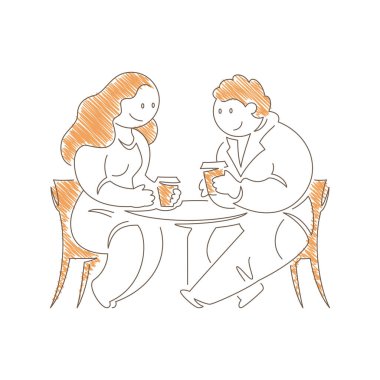 Couple sitting at a round table with steaming coffee cups. Smiling interaction and forward leaning poses convey warm conversation, cafe date atmosphere and shared coffee moment. Line art illustration