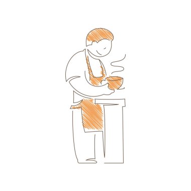 Barista holding a steaming coffee cup in an apron. Calm focused expression and slight lean convey professional skill, cafe craftsmanship and warm beverage moment. Line art vector illustration