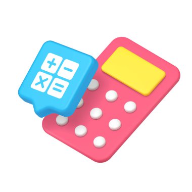 Pink calculator with yellow screen and white buttons paired with blue icon showing math symbols including plus, minus, multiply, and equal. 3d icon realistic vector illustration