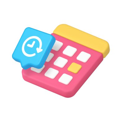 Pink calendar with clock icon in speech bubble for schedule, date, time, reminder, deadline, planner, interface, ui, app, organizer, agenda, event, alert. 3d icon realistic vector illustration
