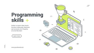 Programlama becerileri kod mühendisliği öğrenme izometrik web pankartı tasarım şablon çizimi. Program kodlama dijital teknoloji yarışması şampiyonluk eğitimi eğitim gelişimi