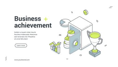 İş başarısı, başarı, verimlilik, izometrik web paneli tasarım, vektör illüstrasyonu. Şirketin finansal verimliliği, zenginlik yarışması kupası kontrol yönetimini analiz ediyor