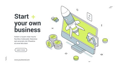 İzometrik web pankartı tasarım şablon illüstrasyonunu analiz ederek kendi girişiminizi başlatın. Yeni proje pazarlama stratejisi geliştirme başarı yatırım yenilik yönetimi