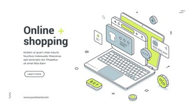 Çevrimiçi alışveriş ürünleri satın alıyor internet izometrik web paneli tasarım şablonu illüstrasyonu. Perakende mağazası pazarı dizüstü bilgisayar siparişi siber uzay ticari ve iş dünyası dijital teknolojisi