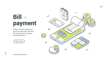 Fatura ödeme bankacılığı mobil uygulama izometrik web pankartı tasarım şablonu çizimi. Mali makbuzlar vergi muhasebe giderleri, kazanç yönetimi akıllı telefon uygulaması