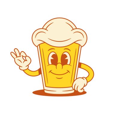 Şirin, gülen bira bardağı çizgi film karakteri vektör düz çizim gösteriyor. Komik, tapılası, köpüklü, alkollü, maskot jesti.