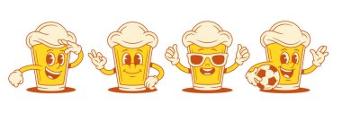 Çizgi roman gülen bira bardağı çizgi film karakteri mutlu emoji vektör düz çizim. Şirin, tapılası, köpüklü, alkollü, maskot, ordu yaz gözlüklü futbol topu geçit töreni.