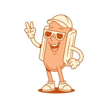 Havalı hot dog çizgi film karakteri barış jesti vektör düz çizim. Sosisli ve ekmek maskotlu, yaz güneş gözlüğü takan mutlu, fast food 'lar.
