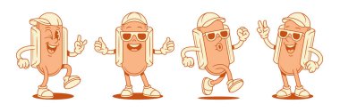 Şapkalı ve güneş gözlüklü komik sosisli çizgi film karakteri vektör düz çizim yaptı. Sosis ve ekmek maskotuyla gülümseyen neşeli fast food rock barışı hareketlerini olumlu duygularla serinletiyor.