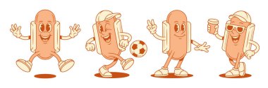 Neşeli şirin sosisli çizgi film karakteri funky set vektör düz çizim. Mutluluktan gülümseyen fast food sosisi ve ekmek maskotu. Barışı atlayarak futbol oynuyorlar.