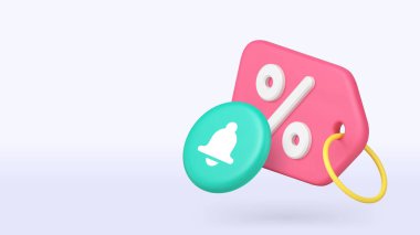 İndirimli indirimli alışveriş özel teklif bildirim 3d simge afişi fotokopi alanı illüstrasyonu. Market süpermarketinin butik fiyatındaki indirim perakende satış yüzdesi etiketi