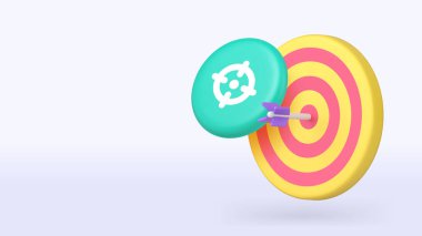 Hedefte oklu dart oyunu başarısı 3d simge afişi kopya uzay vektör ilüstrasyonu. Zorlu hedef iş iyileştirme verimlilik verimlilik başarı stratejisi hedefini kazan