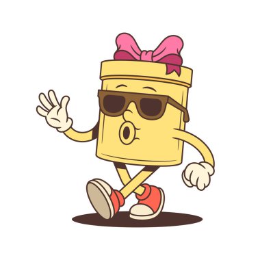 Neşeli çizgi film hediye kutusu maskotu güneş gözlüğü takıyor ve ıslık çalıyor. Doğum günü kutlamalarının reklamını yapmak için gösterişli vektör illüstrasyonu. Şirin çizgi roman tasarım elementi