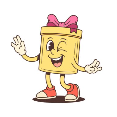 Neşeli çizgi film hediye kutusu karakter maskotu çizimi. Kırmızı pembeli spor ayakkabılar giyerken göz kırparak el sallıyor. Reklam promosyonları ve festival etkinlikleri için mükemmel.