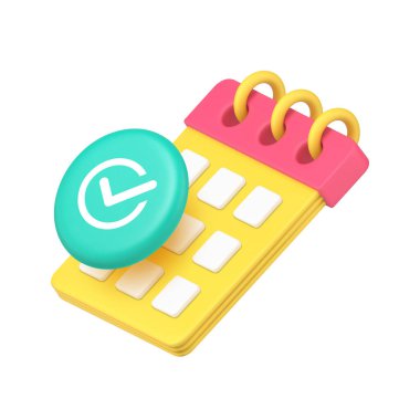 Görev yönetimi uygulaması için takvim ve onay işaretli program ve olay doğrulama kavramı. Modern 3d simge gerçekçi vektör illüstrasyonu.