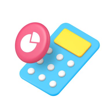 Finans uygulaması, bankacılık, muhasebe, yatırım, iş analizi, istatistik ve teknoloji için modern hesap makinesi ve pasta şeması. 3d gerçekçi vektör illüstrasyonu.