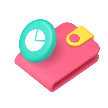 Sarı tokalı pembe bir cüzdan ve finans, bankacılık, ekonomi, para, bütçe ve istatistik için mavi bir çizelge. 3d gerçekçi vektör illüstrasyonu.