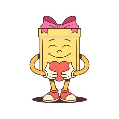 Çizgi film hediye kutusu karakter maskotu çizimi. Pembe yaylı sarı kutu kalbi kapalı gözlerle ve tatlı bir gülümsemeyle tutuyor. Sevgililer Günü için mükemmel, aşk temaları ve duygusal reklamlar.