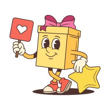 Arkadaş canlısı çizgi film hediye kutusu karakteri maskot çizimi. Sarı, pembemsi fiyonklu, altın yıldıza yaslanmış bir kalp işareti gibi. Müşteri değerlendirmeleri ve sosyal medya promosyonları için mükemmel.