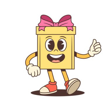 Neşeli çizgi film hediye kutusu karakter maskotu çizimi. Pembe kurdeleli baş parmak hareketi. Bayram kutlamalarının reklamını yapmak için özel tasarım. Pozitif onay.