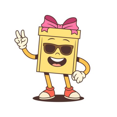 Oyuncu çizgi film hediye kutusu karakter maskotu çizimi. Güneş gözlüğü takıyor ve zafer işareti gösteriyor. Mevsimsel reklam satışları için modern tasarım. Havalı moda kutlama konsepti