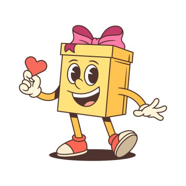 Büyüleyici çizgi film hediye kutusu karakter maskotu çizimi. Pembe yayla yürürken küçük bir kalbi tutmak. Sevgililer günü reklamları için harika bir tasarım. Sevecen bir kavram.