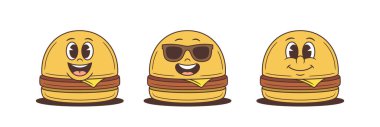 Peynirli ve köfteli üç çizgi film karakteri. Güneş gözlüklü ve değişik ifadeli havalı bir maskot. Fast food markalaşması, reklam ve emoji tasarımı için oyuncu vektör çizimi